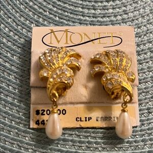 Monet Goldtone and Pearl Clip-On Earrings